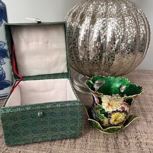 Green Floral Cloisonné Brush Pot with Matching Box